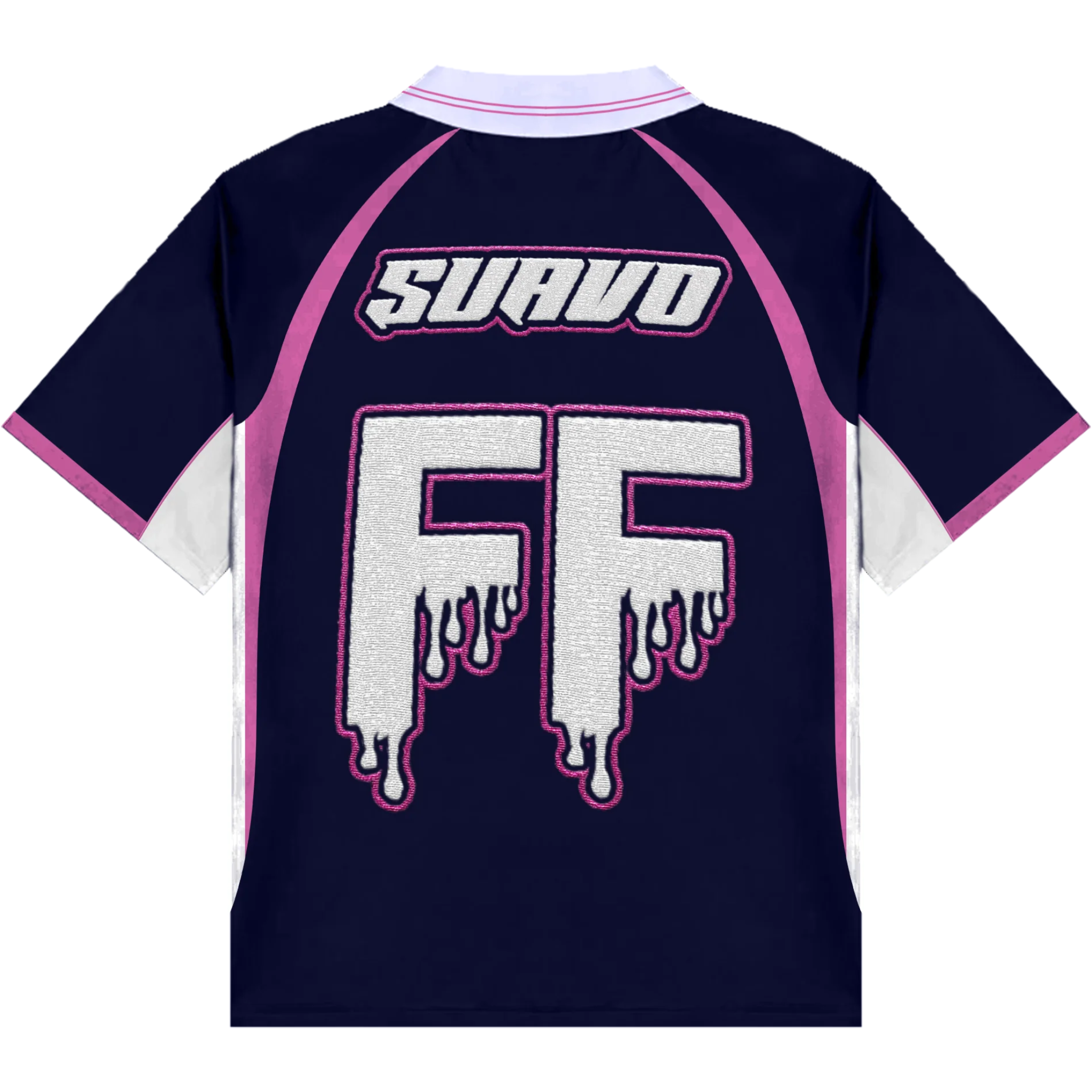 Suavo World x Footballer Fits navy jersey with dripping white "FF" graphic and pink accents