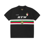 Black Corteiz Serie A knit jersey with green, white, and red horizontal stripe and embroidered logos