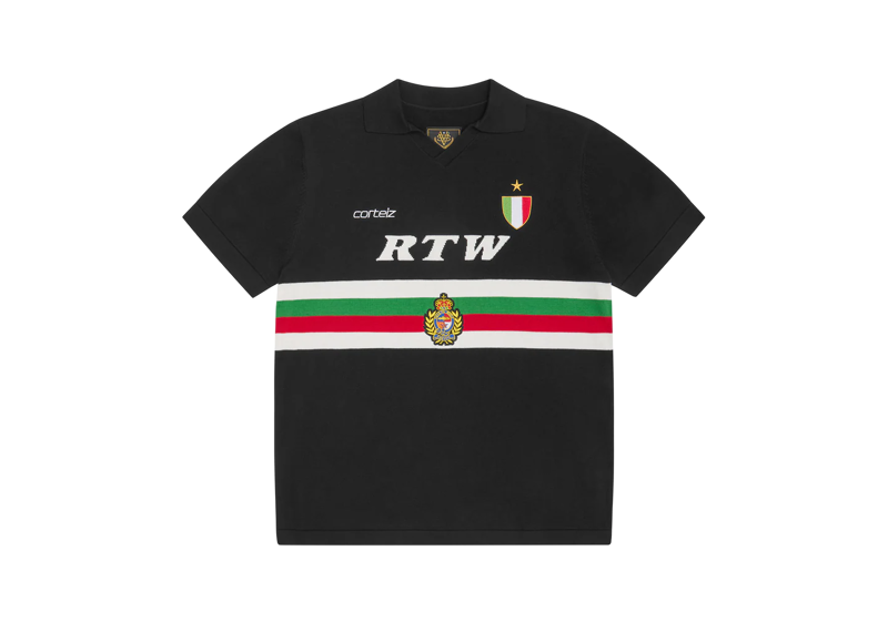 Black Corteiz Serie A knit jersey with green, white, and red horizontal stripe and embroidered logos