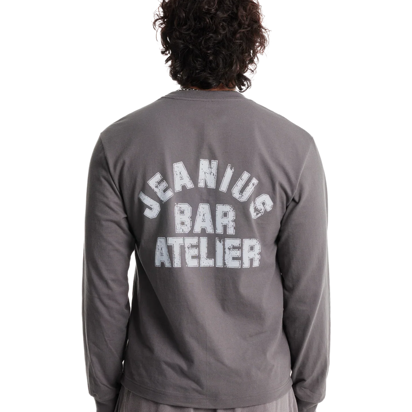 Jeanius Bar Atelier varsity long sleeve grey and white heavyweight t-shirt with vintage wash and relaxed fit
