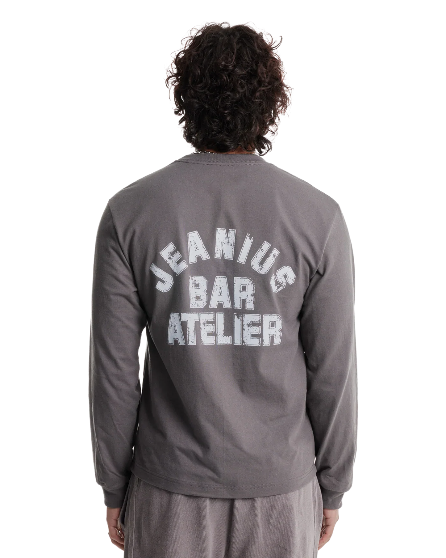 Jeanius Bar Atelier varsity long sleeve grey and white heavyweight t-shirt with vintage wash and relaxed fit