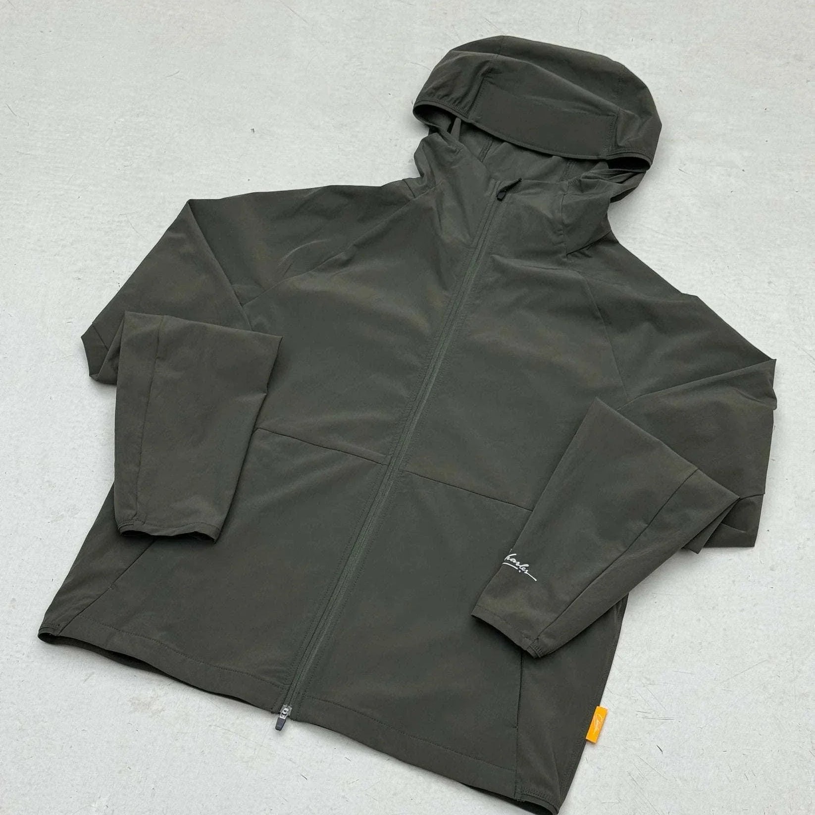 Studio By Charles khaki hooded track jacket with zipper and long sleeves laid flat