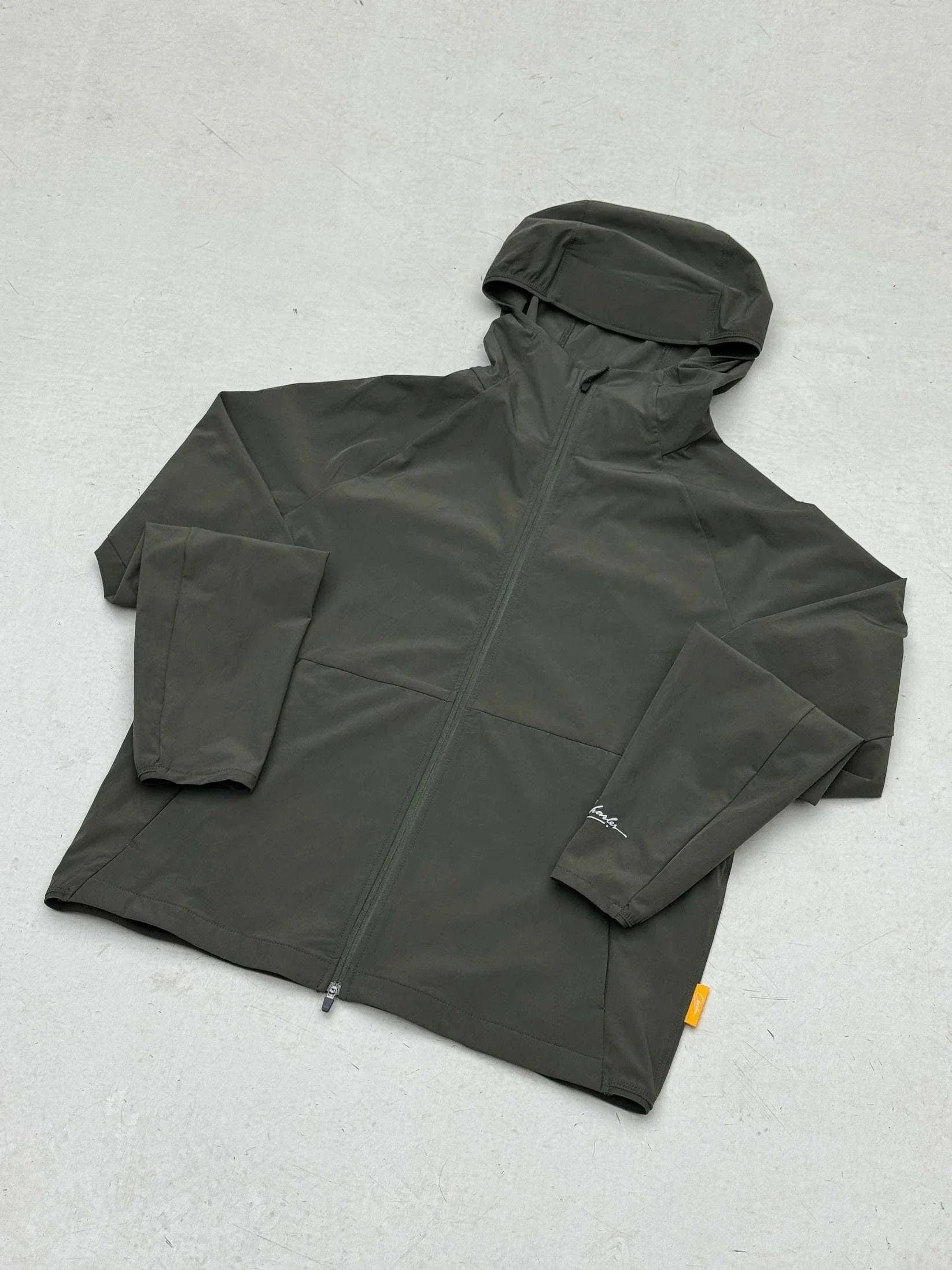 Studio By Charles khaki hooded track jacket with zipper and long sleeves laid flat