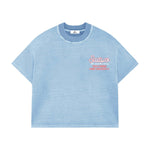 Suavo World Saint Hollywood T-Shirt on 5'9 model, medium size, vintage wash, boxy relaxed fit, hand distressed, 100% cotton