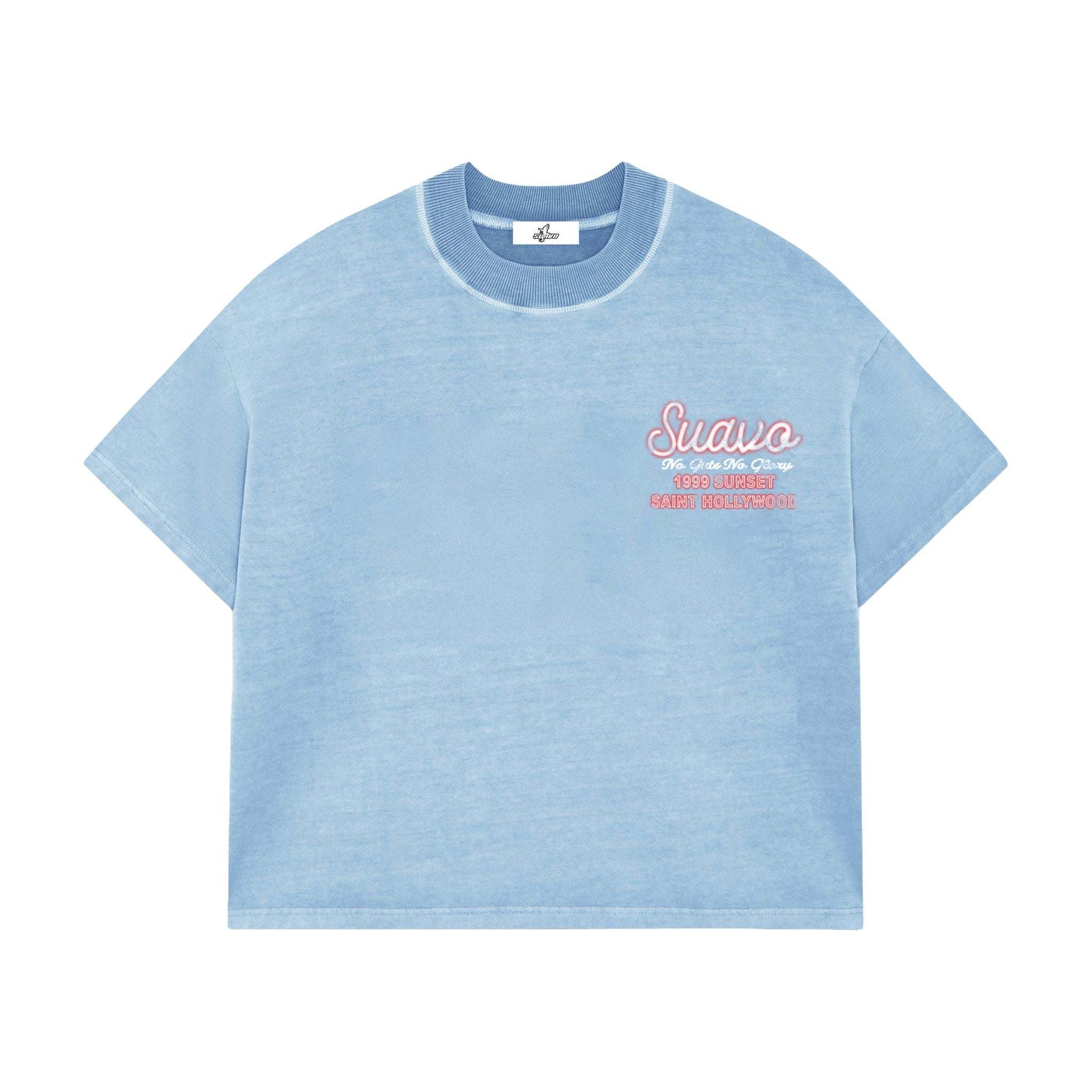Suavo World Saint Hollywood T-Shirt on 5'9 model, medium size, vintage wash, boxy relaxed fit, hand distressed, 100% cotton