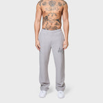 Annie Hood College Joggers in washed grey, 500gsm brushback cotton, relaxed fit on 6'0 model with 31 waist