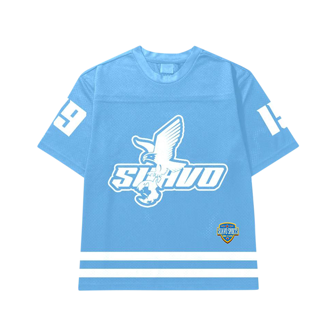 Sky blue oversized mesh jersey with embroidered eagle and Suavo "19" logo.