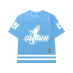 Sky blue oversized mesh jersey with embroidered eagle and Suavo "19" logo.