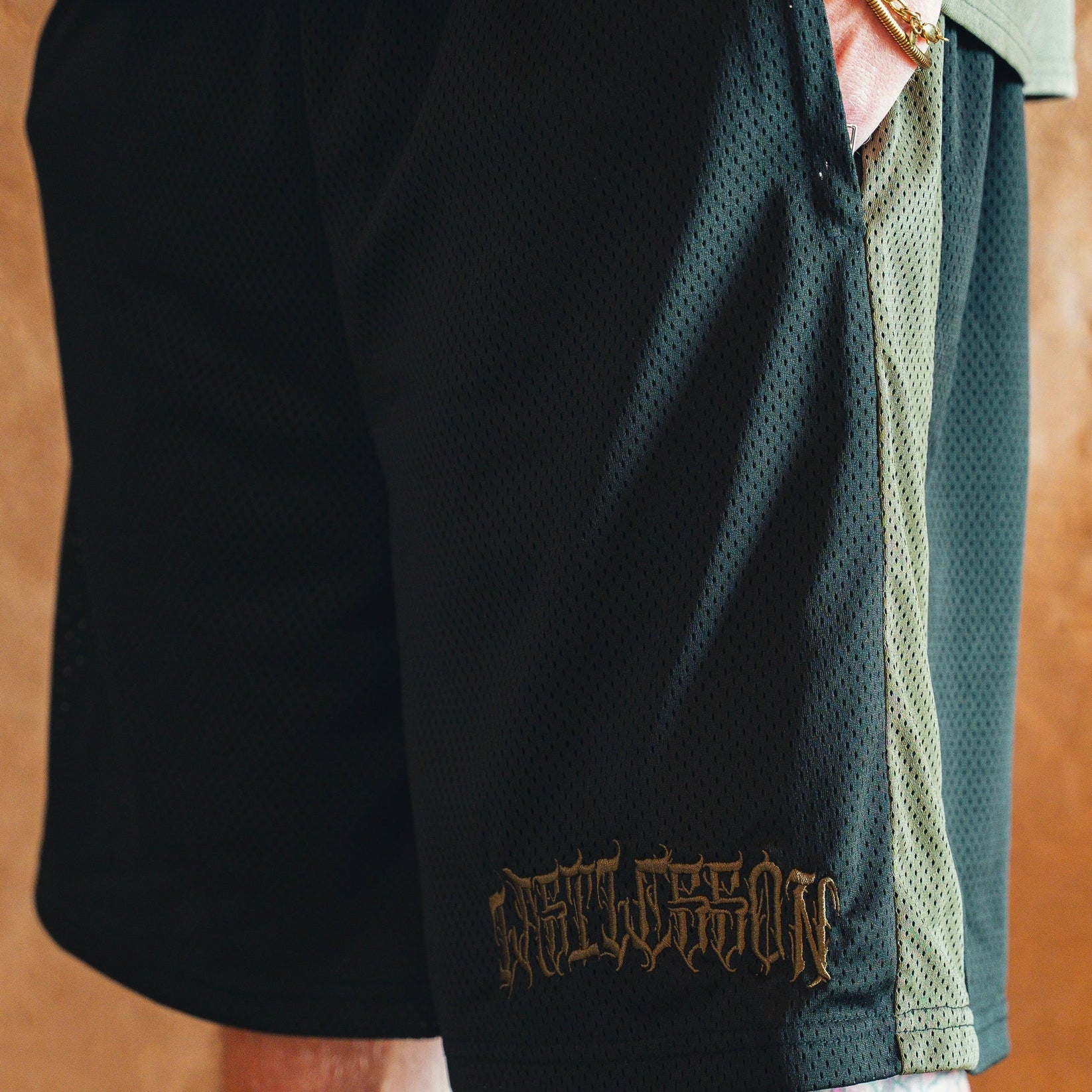 Last Lesson Script mesh shorts in black and khaki colors