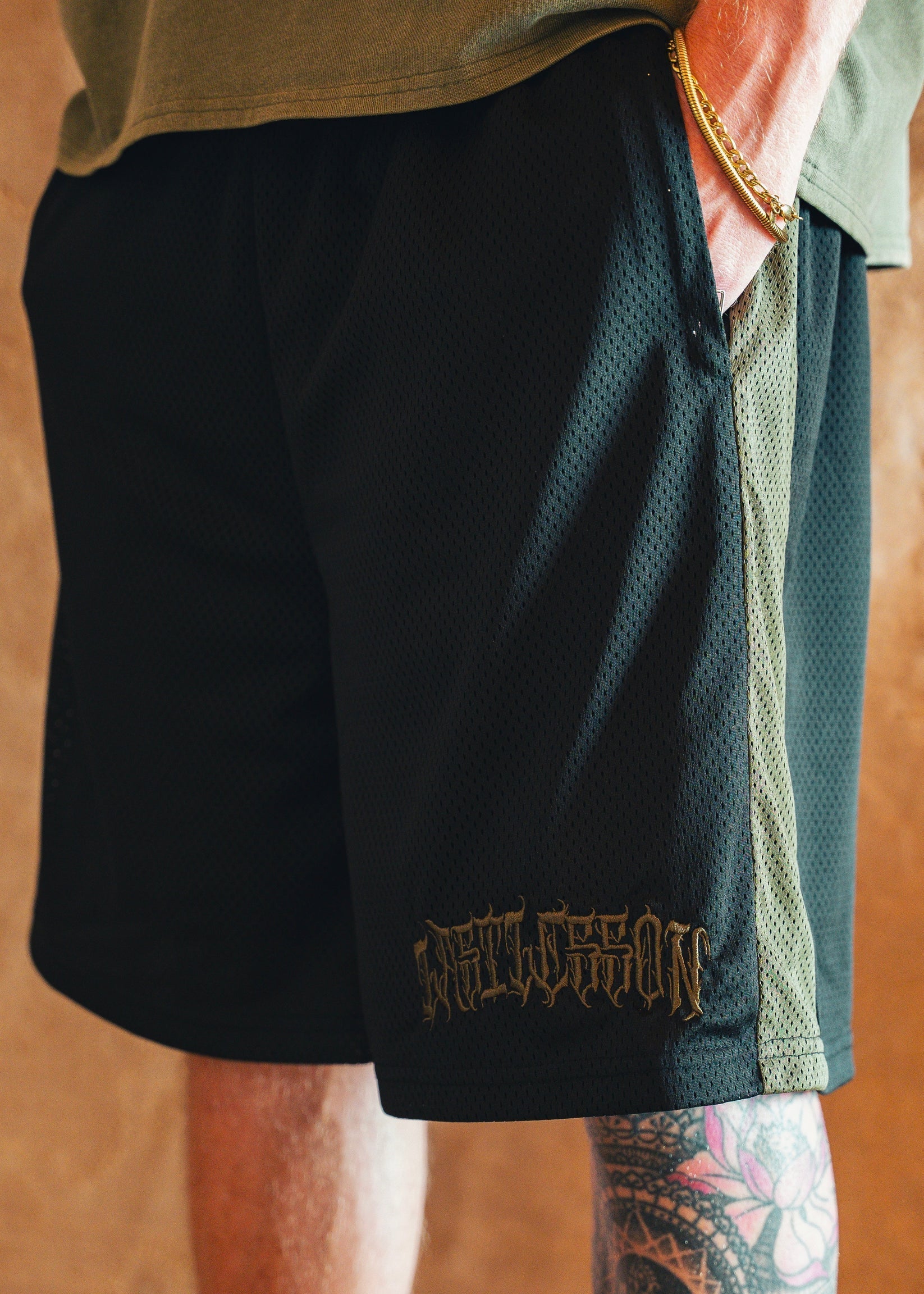 Last Lesson Script mesh shorts in black and khaki colors
