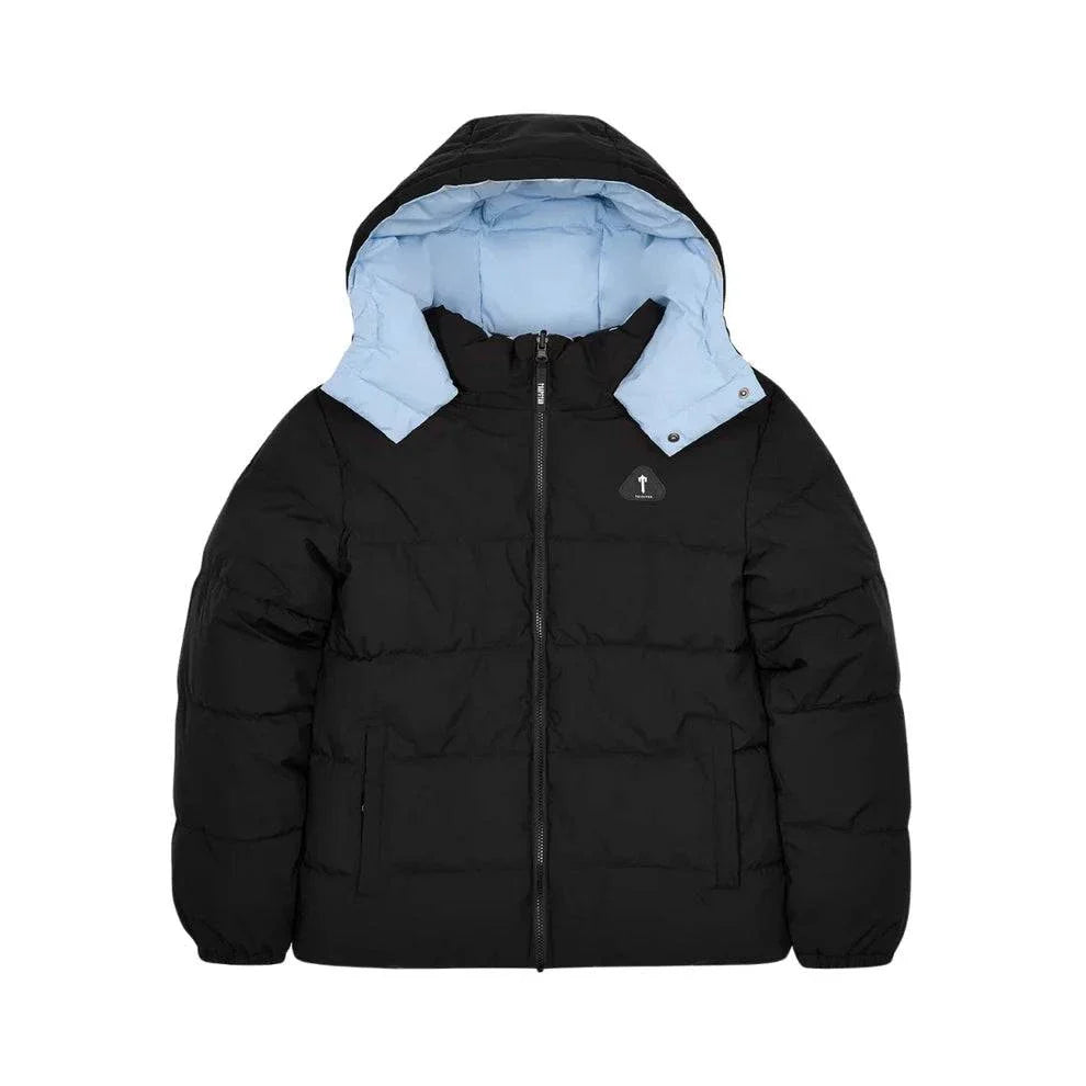 Trapstar Irongate reversible puffer jacket in black with light blue hood interior and front zipper.