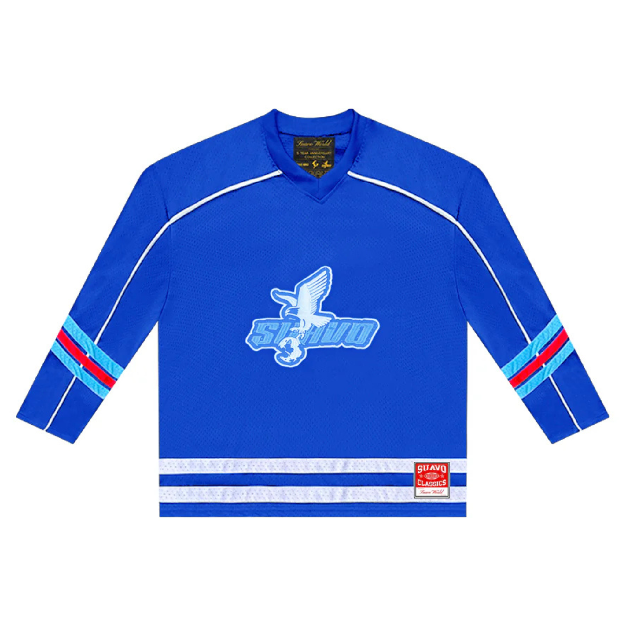 Suavo World Eagle blue mesh longsleeve jersey with eagle logo and striped sleeves