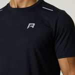Black Reprimo Flight T-Shirt with lightweight, breathable fabric and reflective strips for athletic performance.