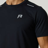 Black Reprimo Flight T-Shirt with lightweight, breathable fabric and reflective strips for athletic performance.