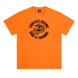 Corteiz Regne Sur Le Monde Tee in orange color displayed on a flat surface