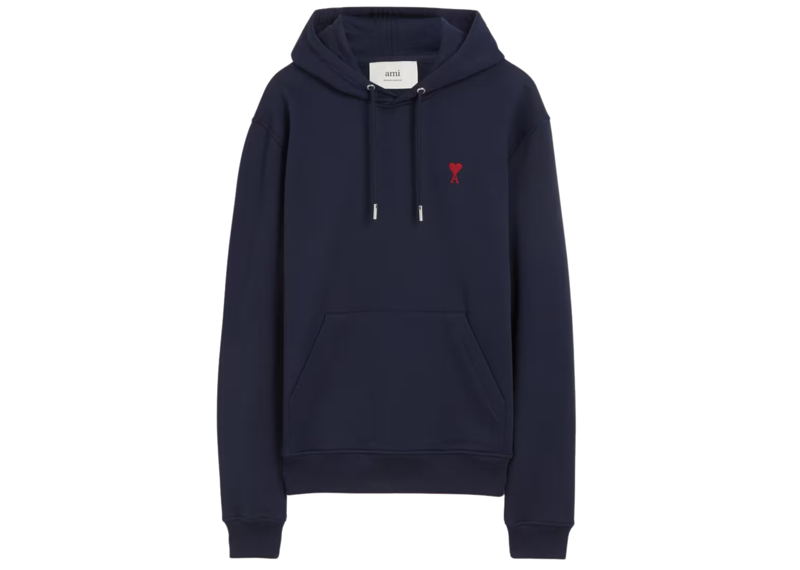 Navy Ami Paris De Coeur hoodie with red heart logo and front pocket