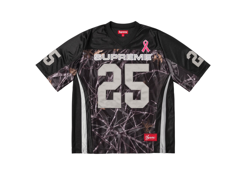 Supreme black football jersey with breast cancer awareness ribbon and number 25