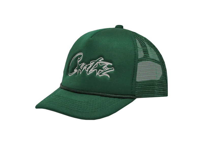 Corteiz Allstarz green trucker hat with mesh back and embroidered logo.