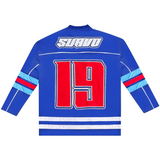 Blue Suavo World Eagle mesh jersey longsleeve with red number 19 and light blue and red stripes on sleeves