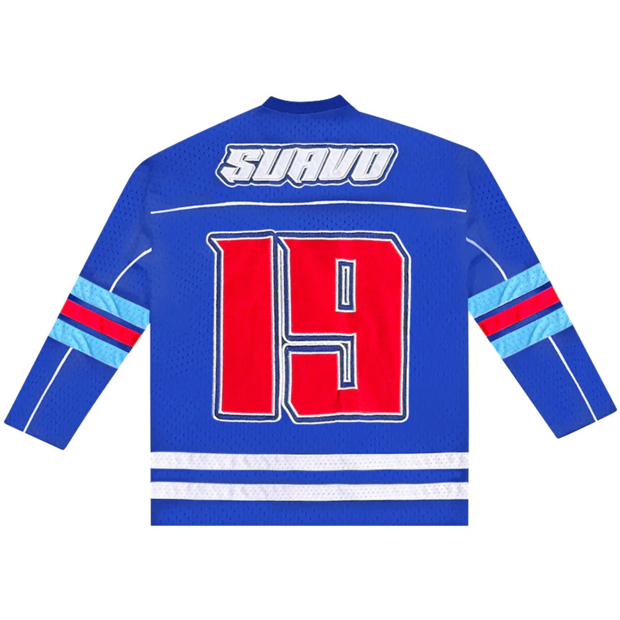 Blue Suavo World Eagle mesh jersey longsleeve with red number 19 and light blue and red stripes on sleeves