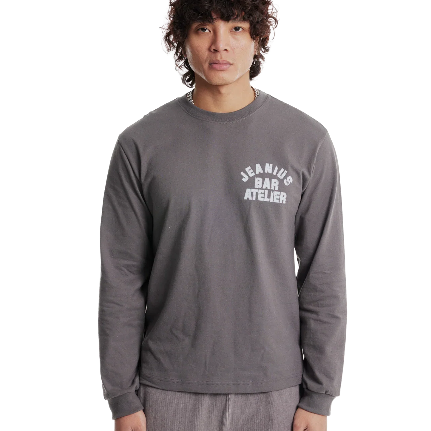 Jeanius Bar Atelier varsity long sleeve grey and white t-shirt with vintage wash and relaxed fit