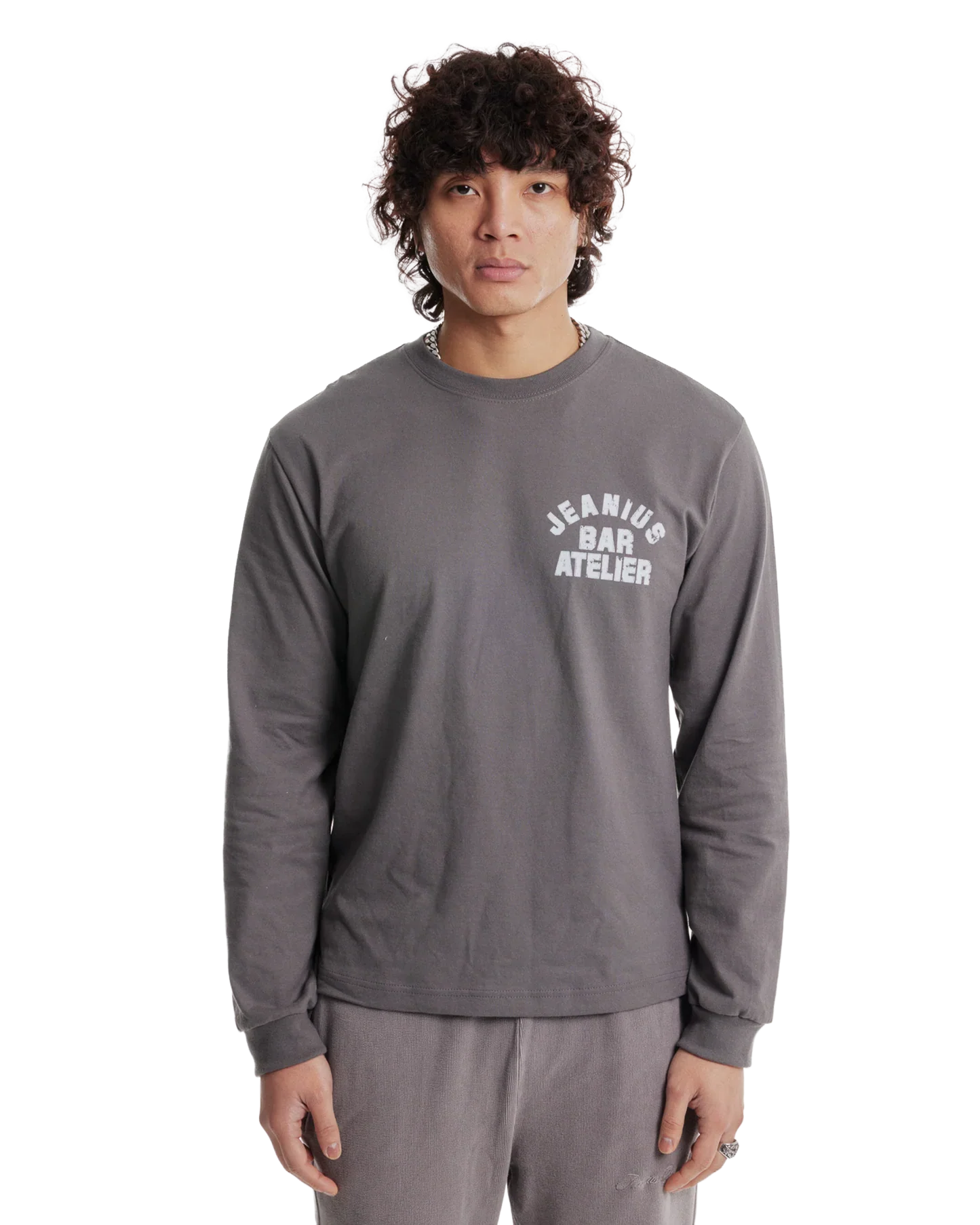 Jeanius Bar Atelier varsity long sleeve grey and white t-shirt with vintage wash and relaxed fit