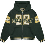 Emerald green Broken Planet Varsity knit zip-up hoodie with yellow accents and front pockets