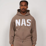 Taupe Natural Art Studio hoodie with appliqué logo, raw cuff seams, metal rivet pockets, luxury athletic fit, and dropped shoulders