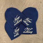 Blue Five Questions Keep Asking slouch beanie hats with white embroidered text