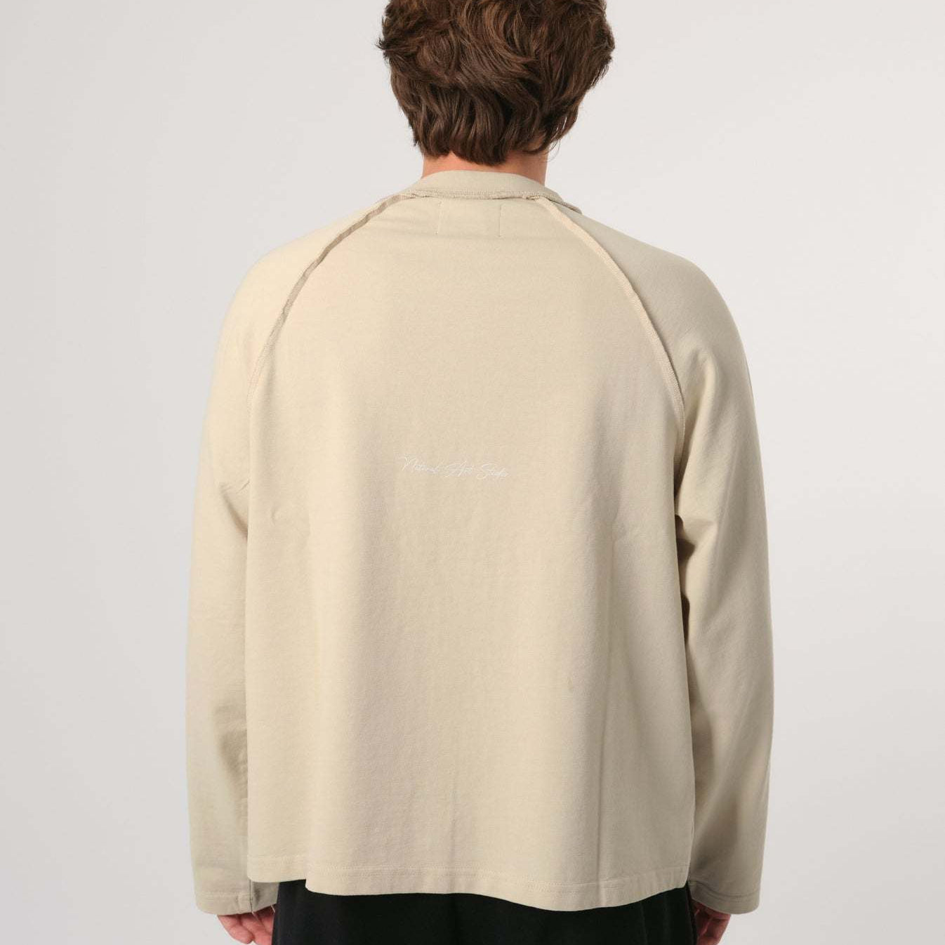 Natural Art Studio Sand Applique long sleeve cotton shirt with distressed front logo and screen print back logo