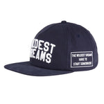Navy and white Wildest Dreams Varsity Cap with embroidered text and flat brim