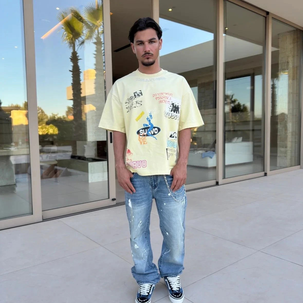 Yellow Suavo World Silent Nights T-Shirt with vintage distressed finish and relaxed fit