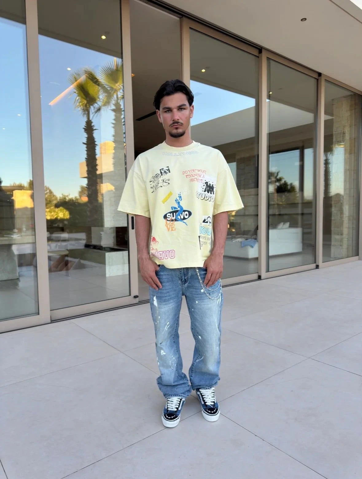 Yellow Suavo World Silent Nights T-Shirt with vintage distressed finish and relaxed fit