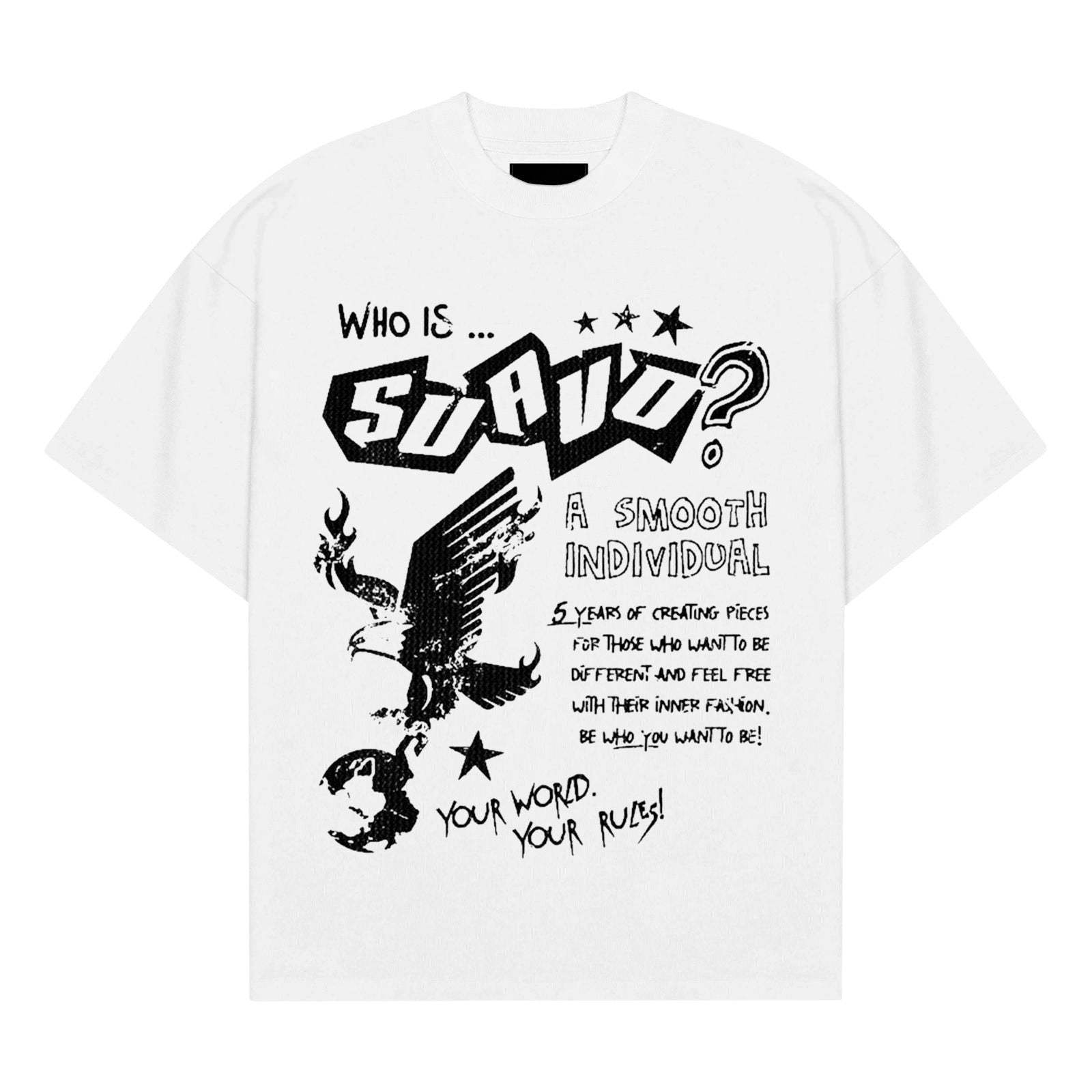 Suavo World Who Is T-Shirt in white with graphic design.