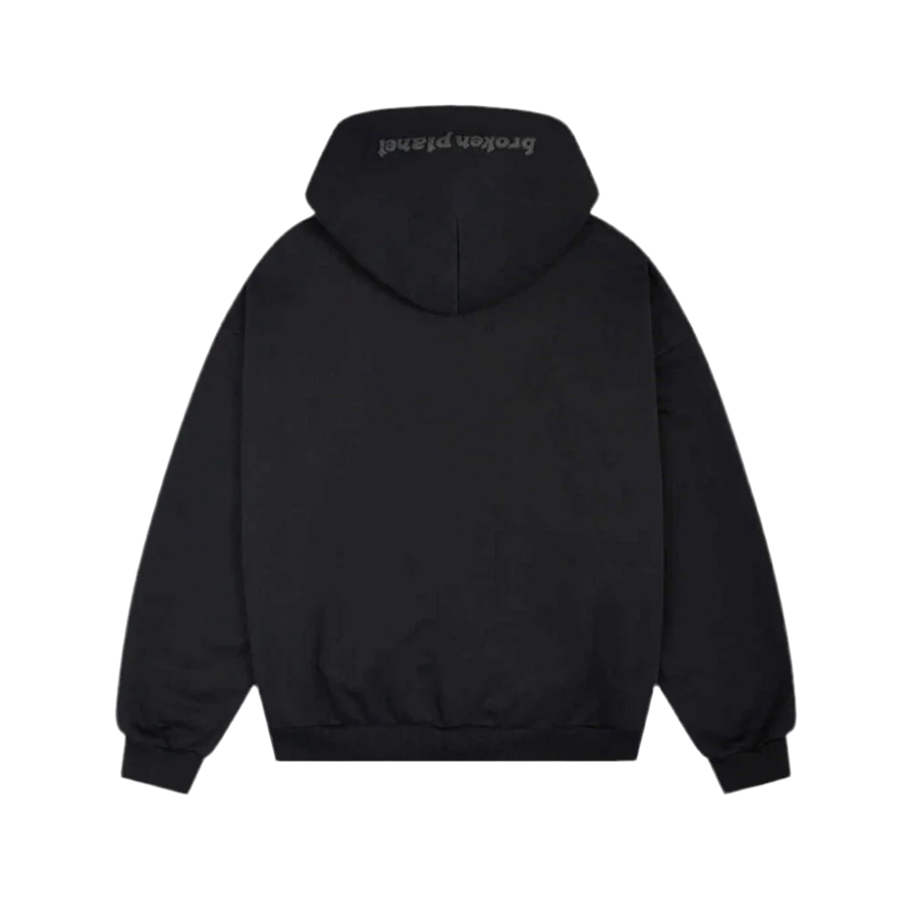 Broken Planet zip-up hoodie in midnight black with logo on the hood back.