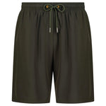 Studio By Charles khaki swim shorts laid flat on white background