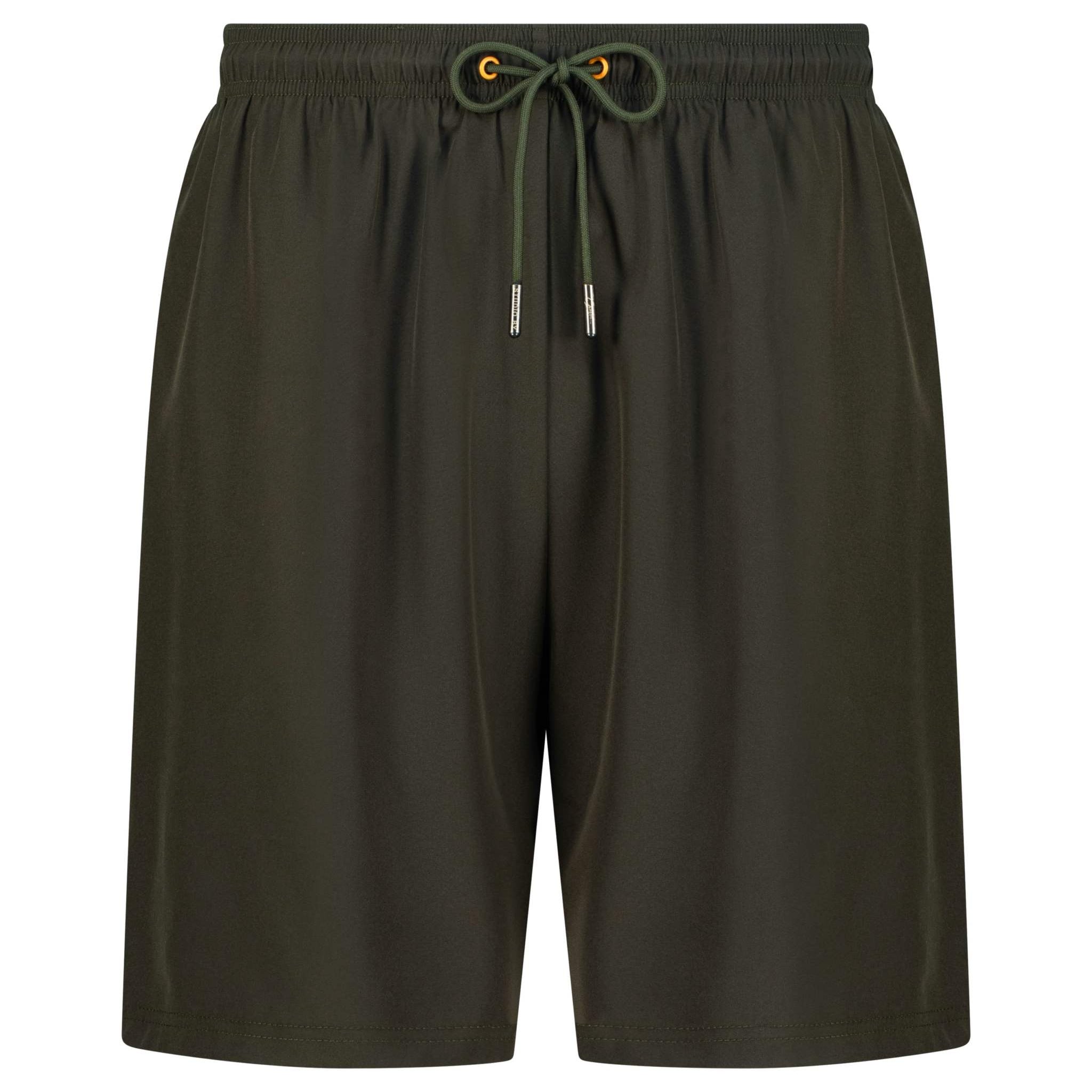 Studio By Charles khaki swim shorts laid flat on white background