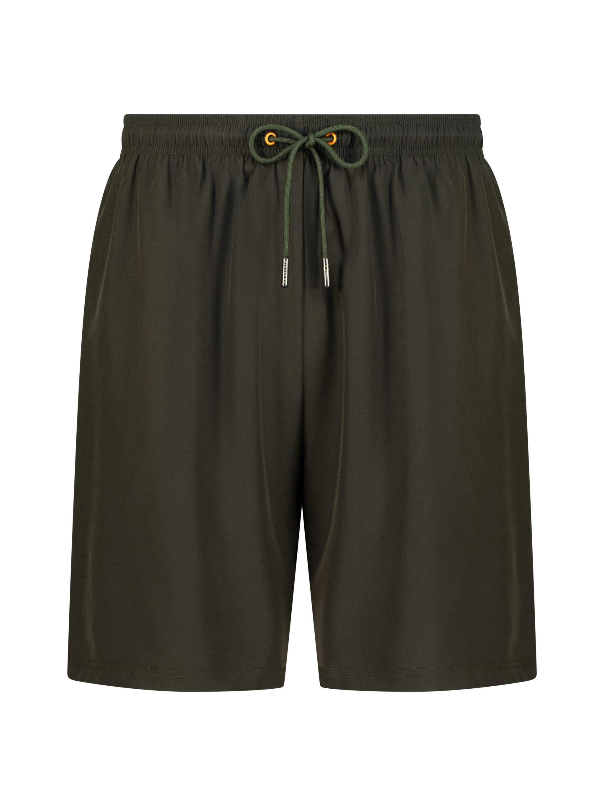 Studio By Charles khaki swim shorts laid flat on white background
