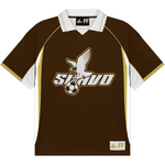 Suavo World x Footballer Fits brown soccer jersey with white and gold accents and eagle logo
