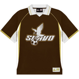 Suavo World x Footballer Fits brown soccer jersey with white and gold accents and eagle logo