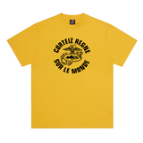 Corteiz Regne Sur Le Monde yellow tee shirt front view