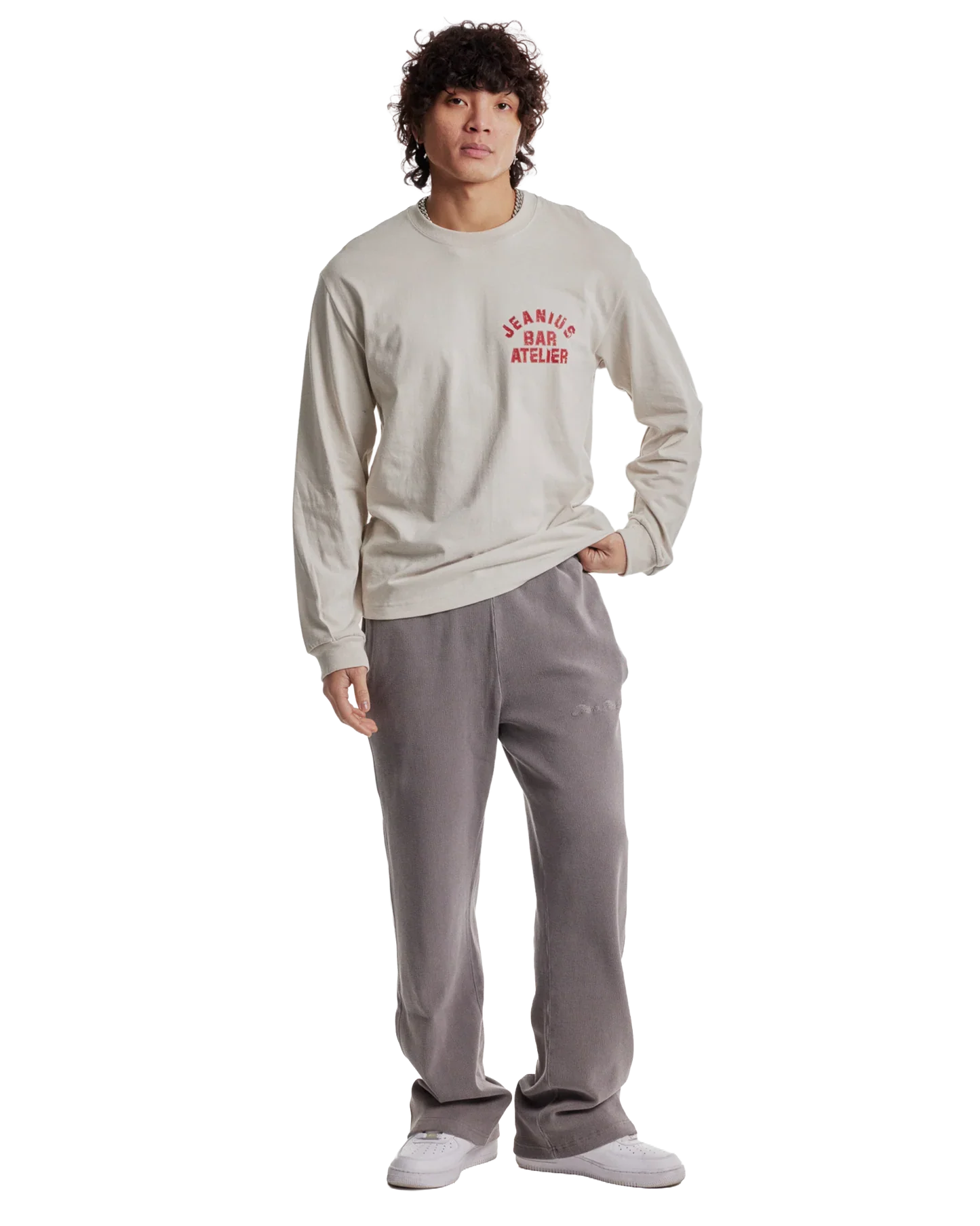 Jeanius Bar Atelier varsity long sleeve cream and red t-shirt with relaxed boxy fit and vintage wash