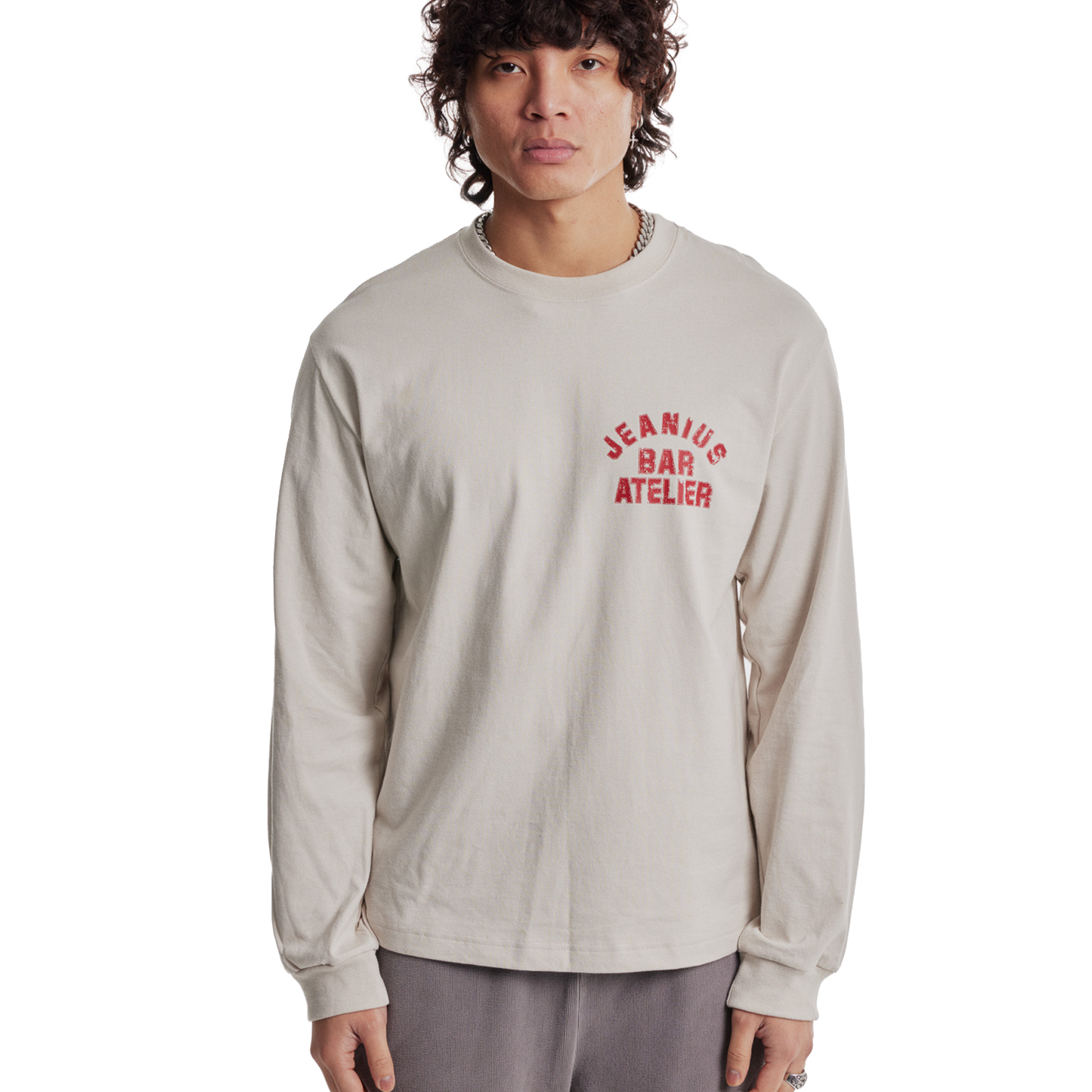 Jeanius Bar Atelier varsity long sleeve cream and red heavyweight french terry t-shirt with vintage wash and relaxed boxy fit
