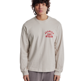 Jeanius Bar Atelier varsity long sleeve cream and red heavyweight french terry t-shirt with vintage wash and relaxed boxy fit