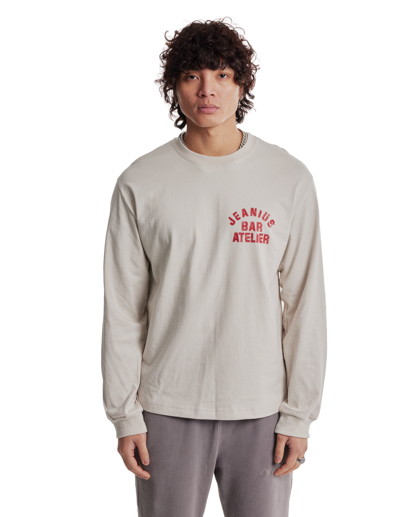 Jeanius Bar Atelier varsity long sleeve cream and red heavyweight french terry t-shirt with vintage wash and relaxed boxy fit