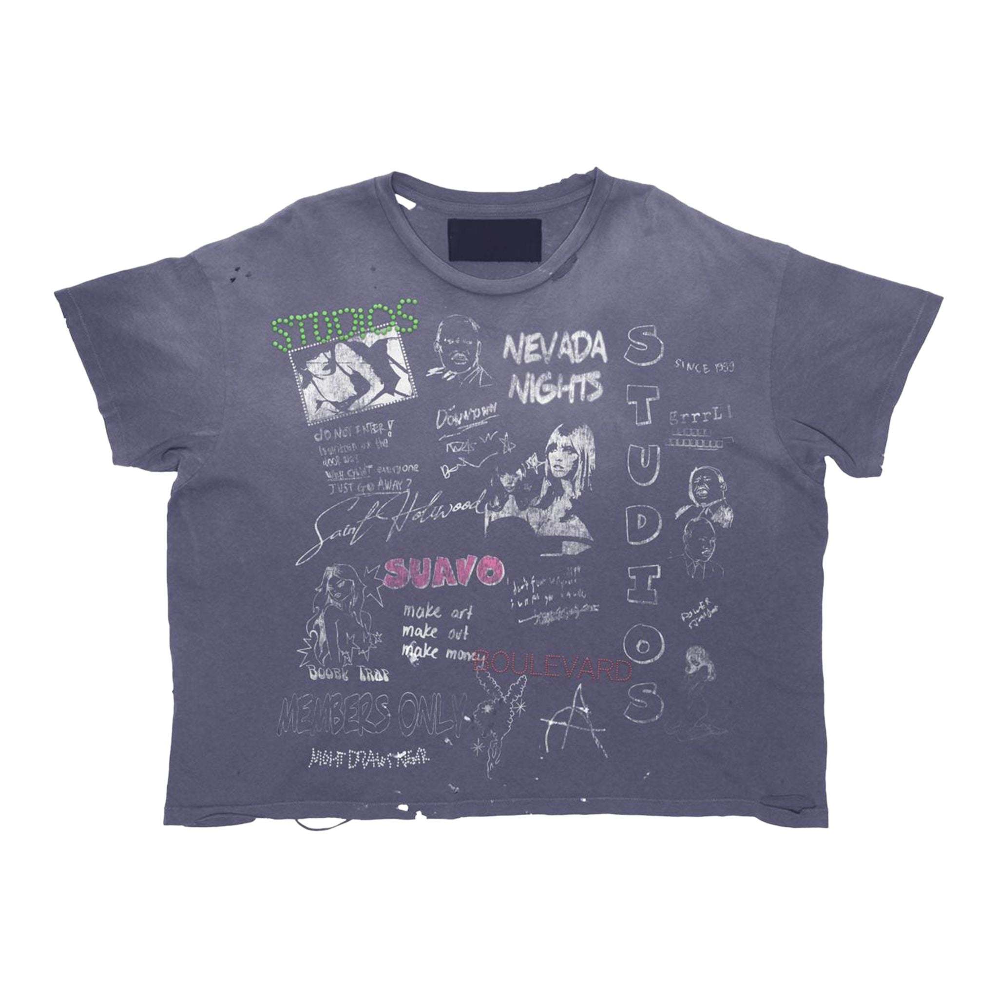 Suavo World Nevada Nights T-Shirt with vintage wash and gem stone details on model wearing medium size