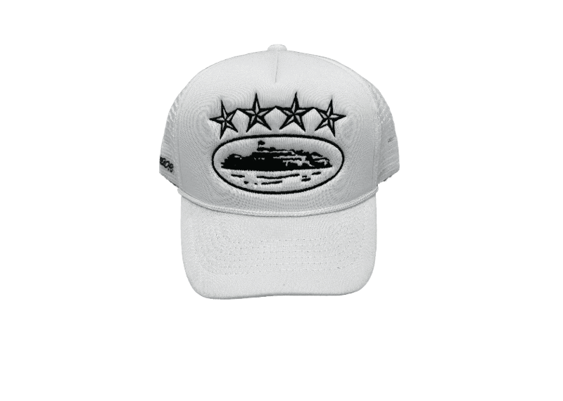 CORTEIZ 4 STARZ Alcatraz white trucker hat with star design.