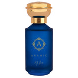 Aramic No Love perfume bottle in blue with gold cap and logo, 50ml eau de parfum inspired by Louis Vuitton Ombre Nomade with notes of raspberry, rose, oud, benzoin, and incense