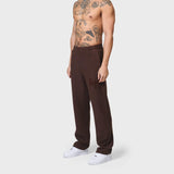 Annie Hood College Joggers in washed brown, 500gsm brushback cotton, relaxed fit on 6'0 model with 31 waist