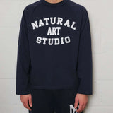 Navy Natural Art Studio raglan long sleeve shirt with front screen print logo, 100% cotton, boxy fit
